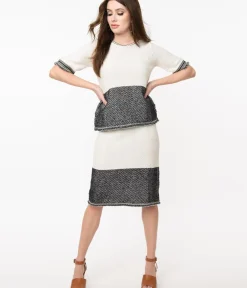 Unique Vintage Skirts|Pencil Skirts & Dresses>1970s Style Ivory & Black Colorblock Knit Skirt