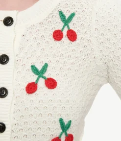 Unique Vintage Sweaters & Cardigans>1950s Style Ivory Oatmeal & Cherries Crochet Button Up Cardigan
