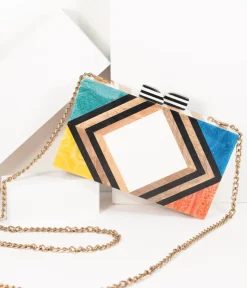 Unique Vintage Special Occasion|Prom Accessories>1960s Style Rainbow Chevron Wood & Resin Hard Clutch