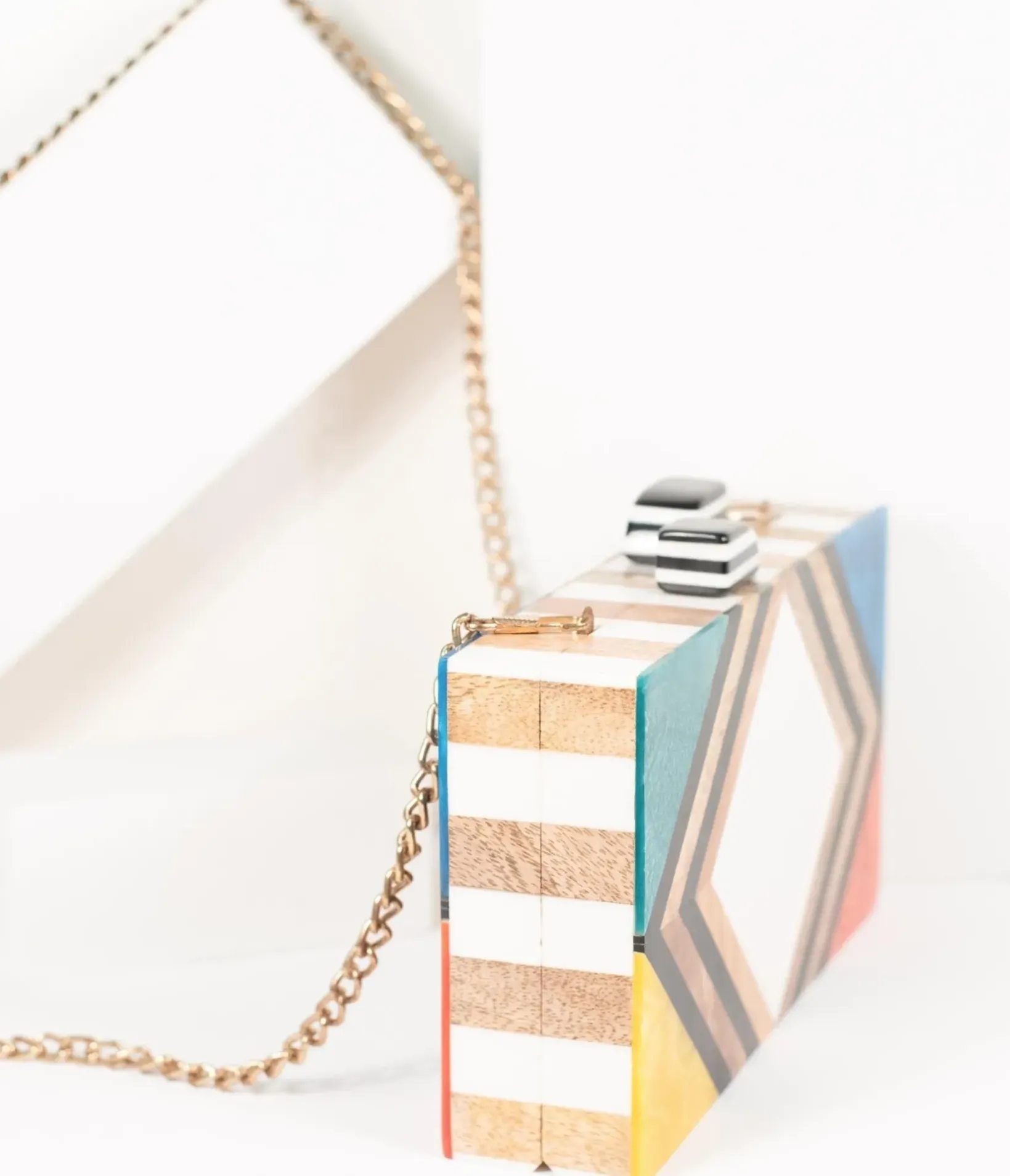 Unique Vintage Special Occasion|Prom Accessories>1960s Style Rainbow Chevron Wood & Resin Hard Clutch