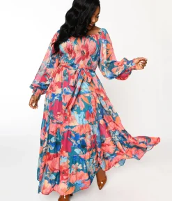 Unique Vintage Maxi|Midi & Maxi>1970s Teal & Coral Floral Maxi Dress