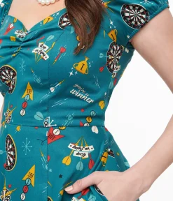Unique Vintage Swing|Pocket Dresses>1950s Teal Dart Board Keep Em Flying Cotton Swing Dress