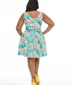 Unique Vintage Fit & Flare|Pocket Dresses>1950s Turquoise Hawaii Print Tea Dress