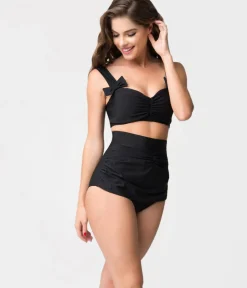 Unique Vintage Swim Tops|Two Piece Swim>1950s Vintage Style Black Bows Swim Top
