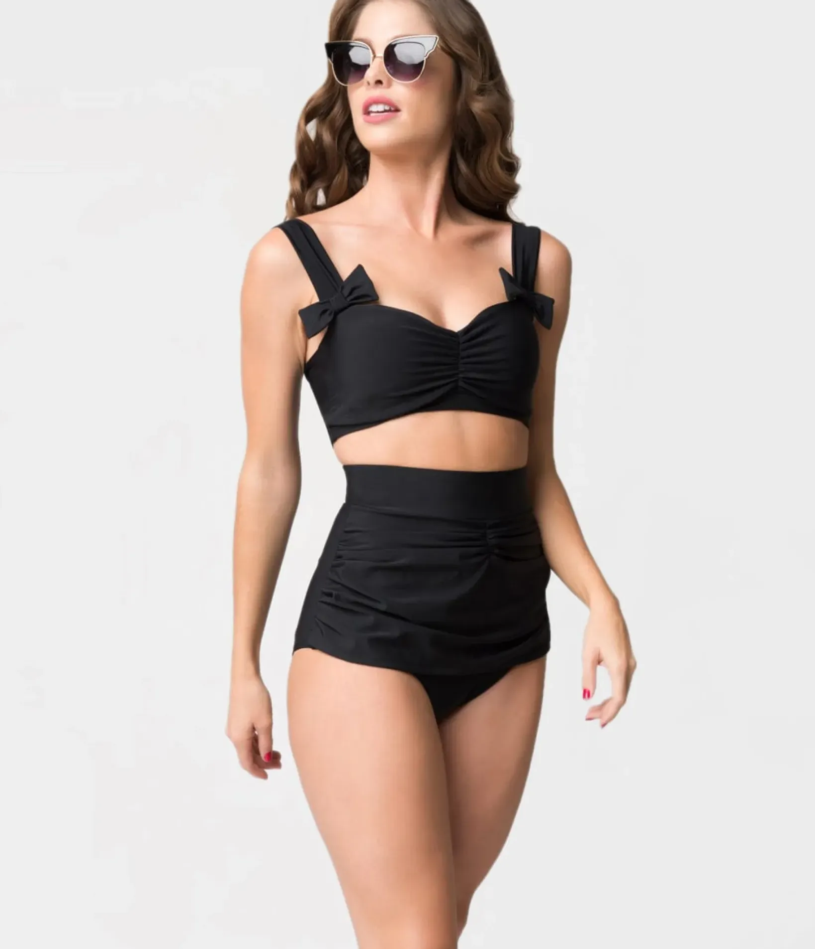Unique Vintage Swim Tops|Two Piece Swim>1950s Vintage Style Black Bows Swim Top