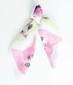 Unique Vintage Hair Scarves>1970s White Cool Cat Print Hair Scarf