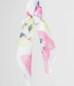 Unique Vintage Hair Scarves>1970s White Cool Cat Print Hair Scarf