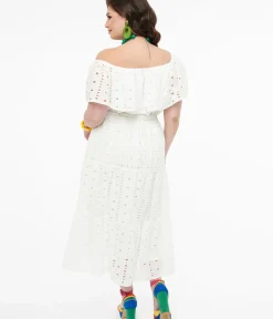 Unique Vintage Midi|Everyday Dresses>1970s White Eyelet Cotton Off The Shoulder Midi Dress