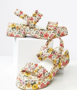 Unique Vintage Summer Vacation|Sandals>1970s White Floral Jean Platform Sandals