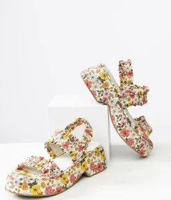 Unique Vintage Summer Vacation|Sandals>1970s White Floral Jean Platform Sandals