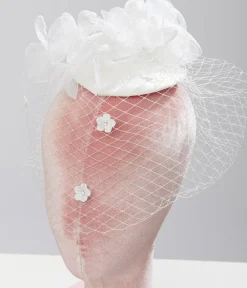 Unique Vintage Special Occasion|Prom Accessories>1920s White Floral & Mesh Veil Fascinator