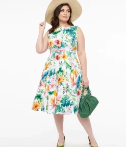 Unique Vintage Swing|Pocket Dresses>1950s White & Orange Floral Cotton Vera Swing Dress