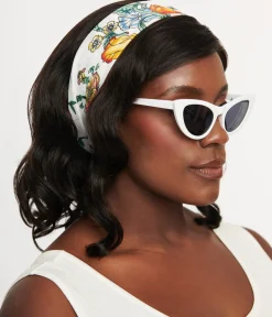Unique Vintage Hair Scarves>1940s White Polka Dot & Ditsy Floral Print Satin Hair Scarf