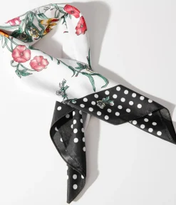 Unique Vintage Hair Scarves>1940s White Polka Dot & Ditsy Floral Print Satin Hair Scarf