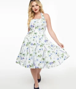 Unique Vintage Swing|Pocket Dresses>1950s White & Purple Floral Cotton Halter Swing Dress
