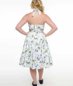 Unique Vintage Swing|Pocket Dresses>1950s White & Purple Floral Cotton Halter Swing Dress