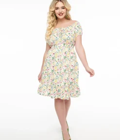 Unique Vintage Fit & Flare|Pocket Dresses>1950s White & Rainbow Fruit Print Fit & Flare Dress