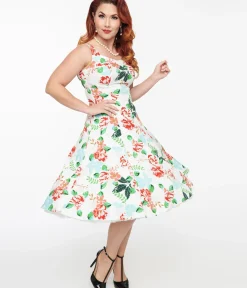 Unique Vintage Swing|Pocket Dresses>1950s White & Red Floral Lyla Swing Dress