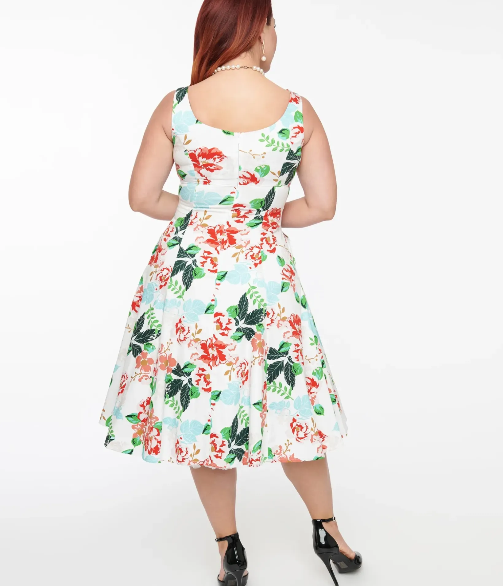 Unique Vintage Swing|Pocket Dresses>1950s White & Red Floral Lyla Swing Dress