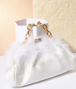 Unique Vintage Special Occasion|Prom Accessories>1920s White Satin & Fur Trim Clutch Handbag