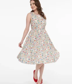 Unique Vintage Swing|Pocket Dresses>1950s White Sewing Print Cotton Swing Dress