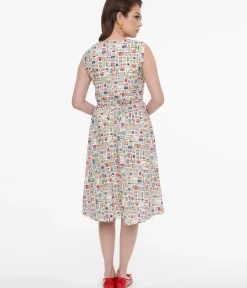 Unique Vintage Swing|Pocket Dresses>1950s White Sewing Print Cotton Swing Dress