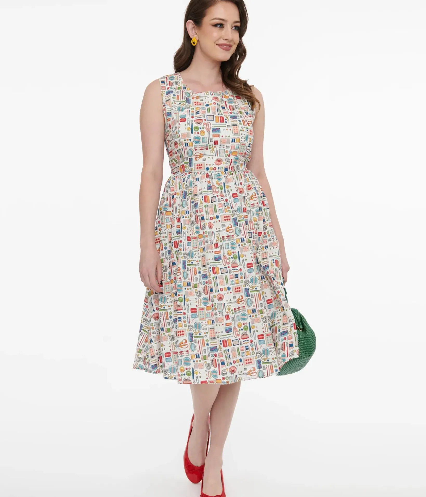 Unique Vintage Swing|Pocket Dresses>1950s White Sewing Print Cotton Swing Dress