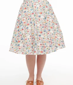 Unique Vintage Skirts>1950s White Sewing Print Cotton Swing Skirt