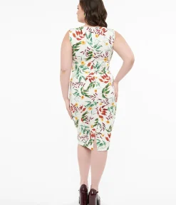 Unique Vintage Pencil|Pencil>1950s White & Tropical Floral Cotton Jewel Wiggle Dress