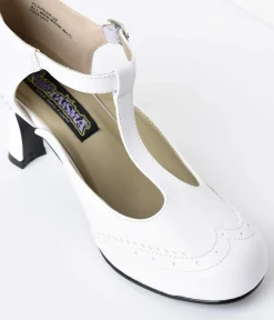 Unique Vintage Special Occasion|Heels>1920s White T-Strap Mary Jane Kitten Heels