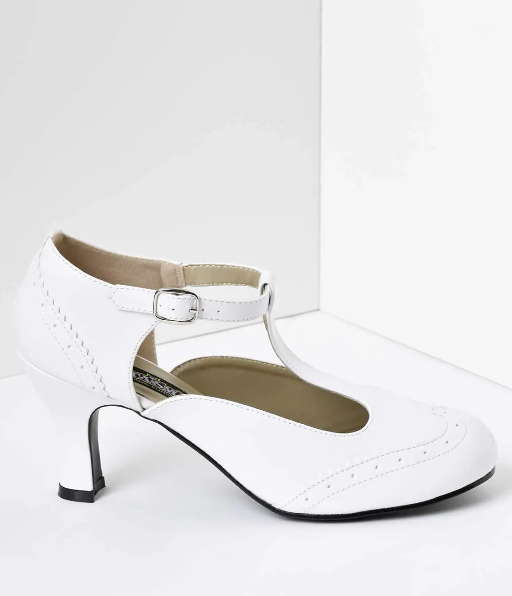 Unique Vintage Special Occasion|Heels>1920s White T-Strap Mary Jane Kitten Heels