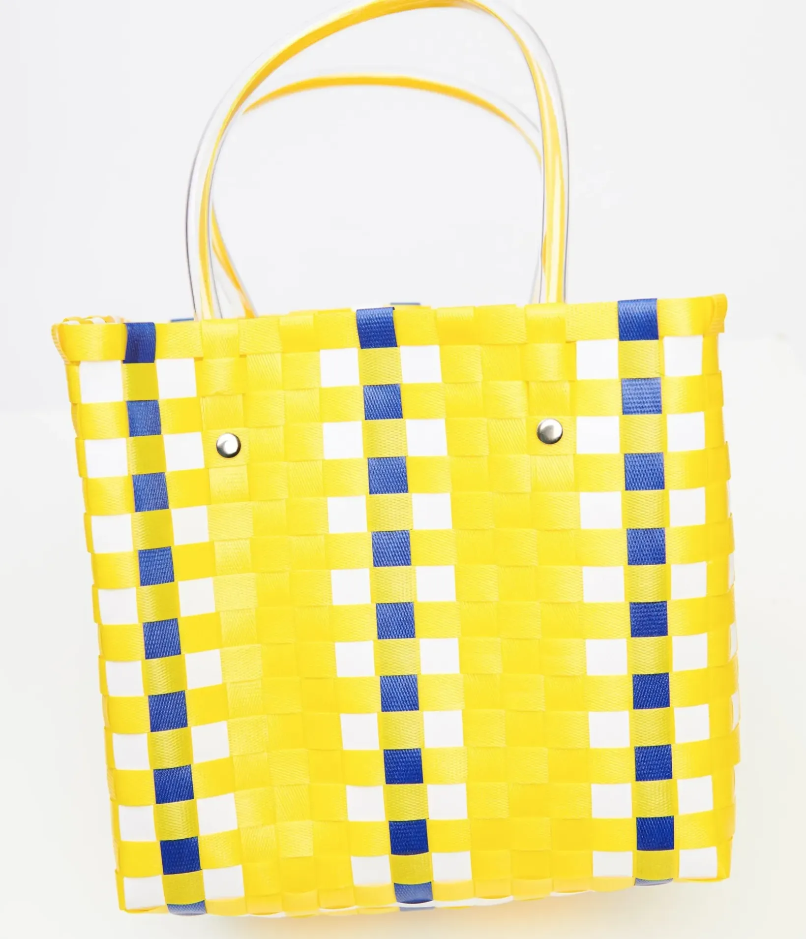 Unique Vintage Summer Vacation>1970s Yellow & Blue Woven Basket Bag