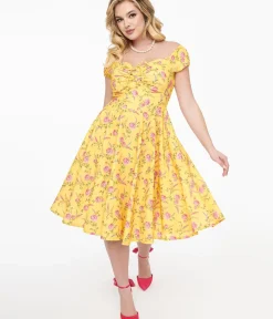 Unique Vintage Swing|Pocket Dresses>1950s Yellow & Fuchsia Floral Victoria Swing Dress