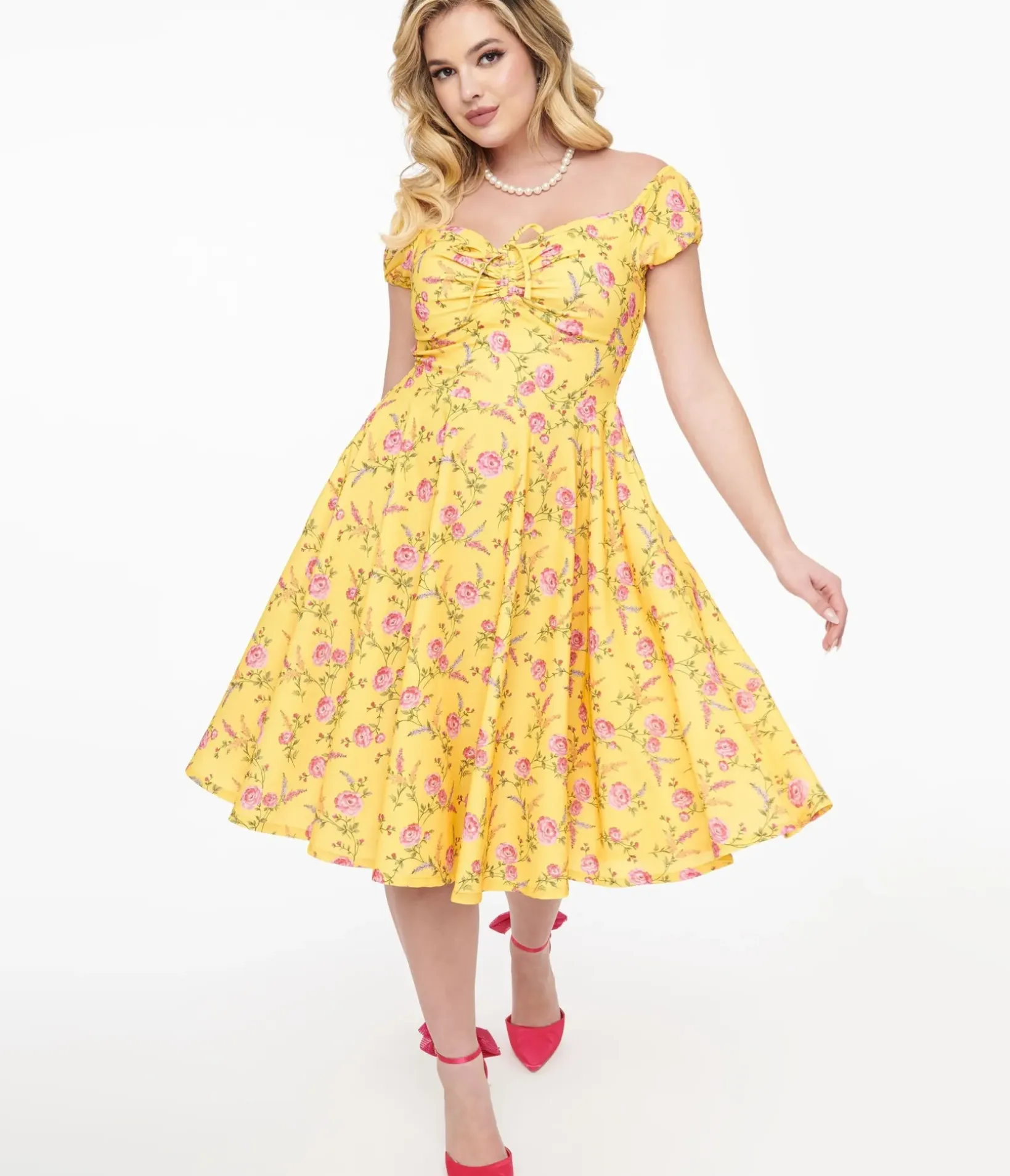 Unique Vintage Swing|Pocket Dresses>1950s Yellow & Fuchsia Floral Victoria Swing Dress