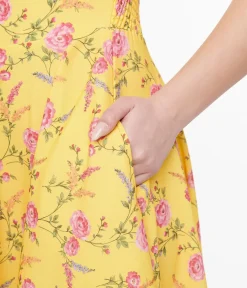 Unique Vintage Swing|Pocket Dresses>1950s Yellow & Fuchsia Floral Victoria Swing Dress