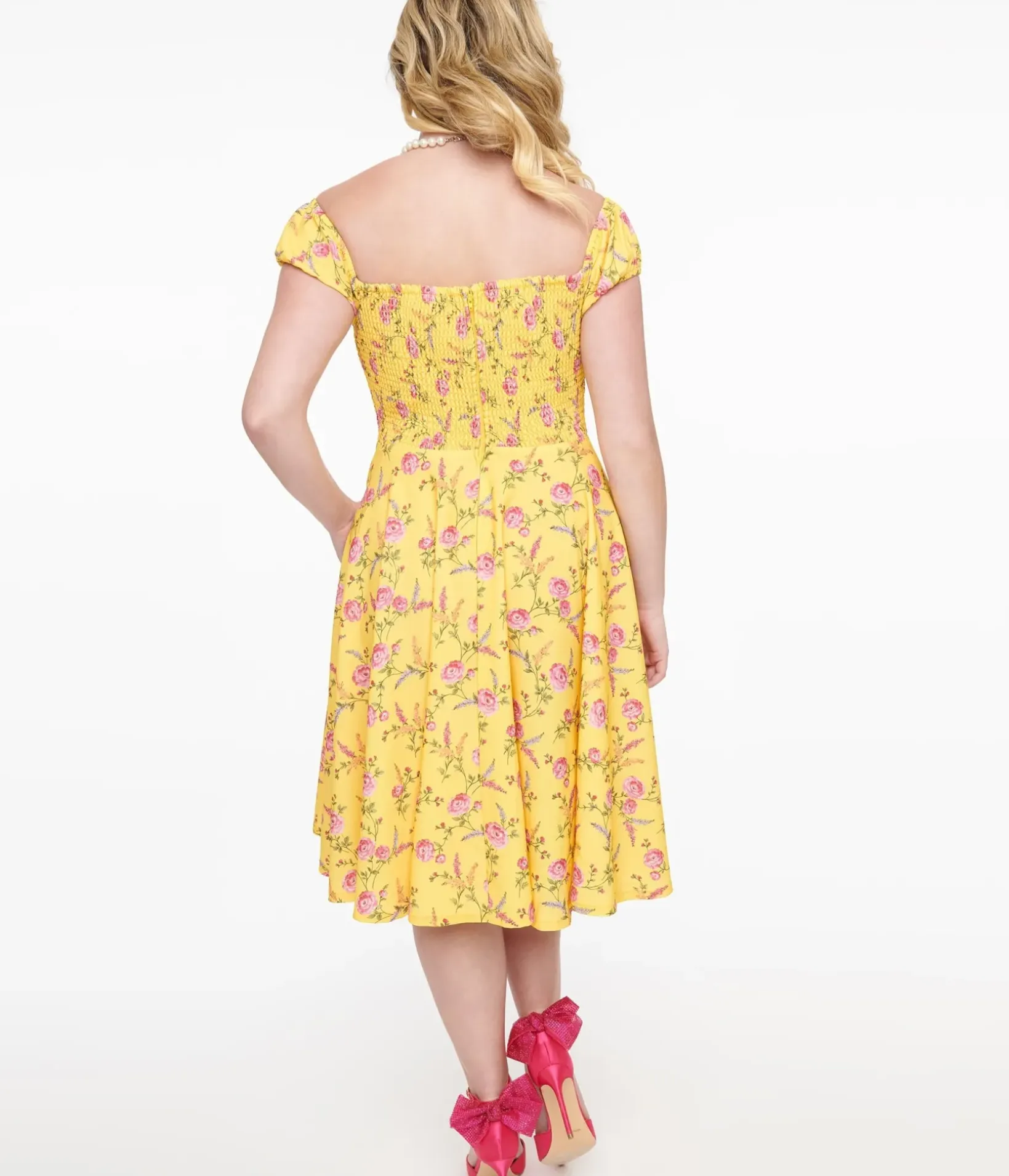 Unique Vintage Swing|Pocket Dresses>1950s Yellow & Fuchsia Floral Victoria Swing Dress
