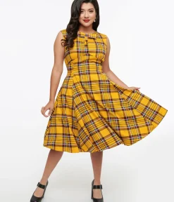 Unique Vintage Swing|Pocket Dresses>1950s Yellow Plaid Swing Dress