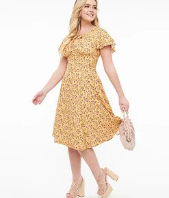 Unique Vintage Swing|Everyday Dresses>1950s Yellow & Purple Floral Capelet Swing Dress