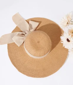 Unique Vintage Bachelorette|Sun Hats>Tan & Beige Bow Toyo Braid Sun Hat