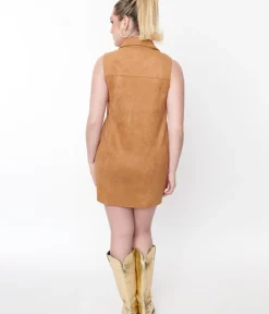 Unique Vintage Everyday Dresses|Concert & Festivals>Tan Fringe Studded Suede Mini Dress