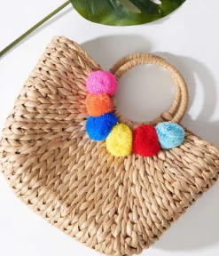 Unique Vintage Pride>Tan Pom Pom Woven Bag