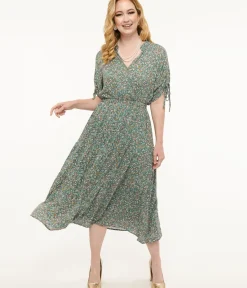 Unique Vintage Midi|Everyday Dresses>Teal Floral Midi Dress