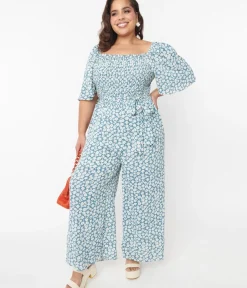 Unique Vintage Rompers & Jumpsuits|Rompers & Jumpsuits>Teal Floral Palazzo Jumpsuit