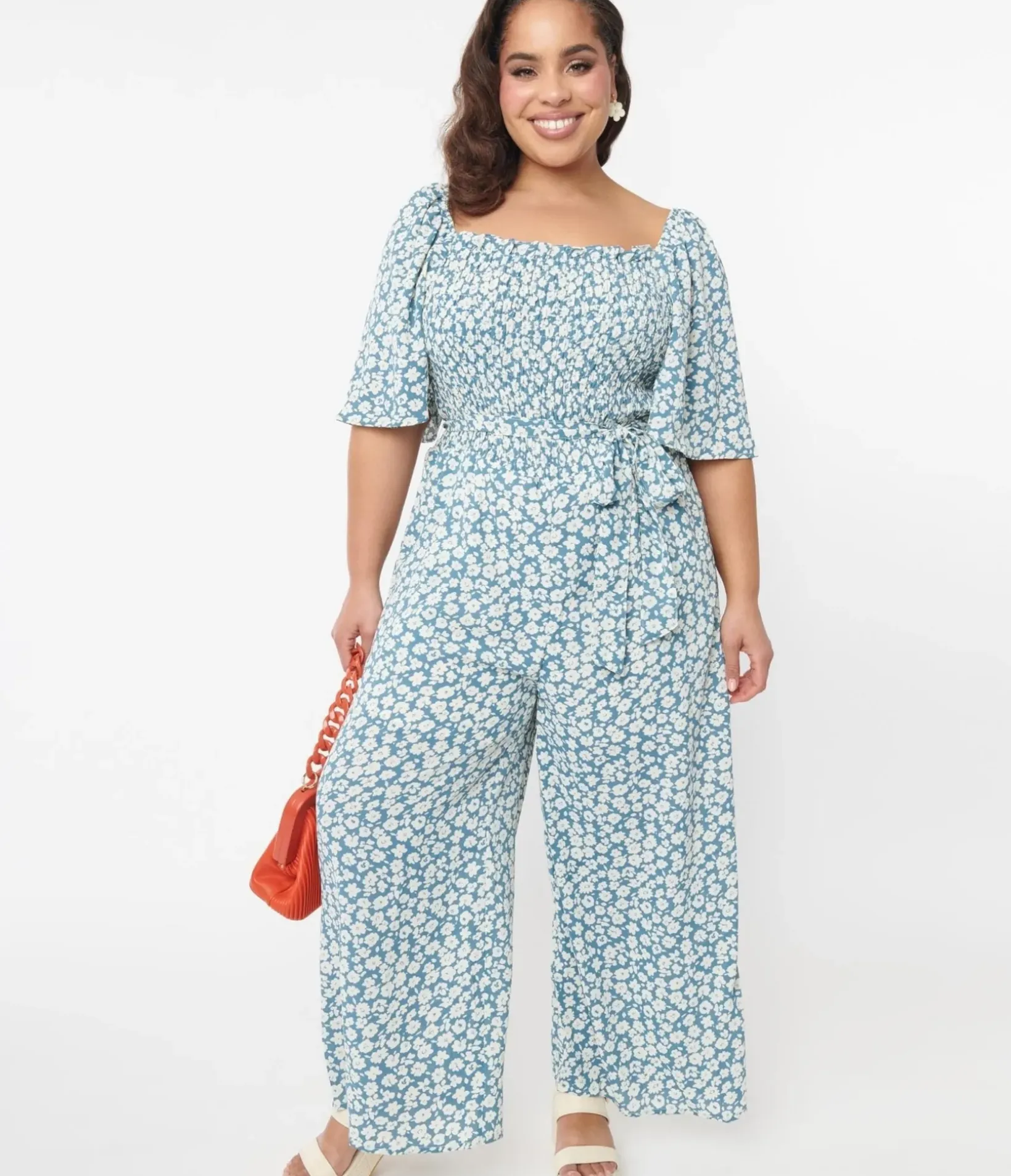 Unique Vintage Rompers & Jumpsuits|Rompers & Jumpsuits>Teal Floral Palazzo Jumpsuit