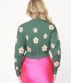 Unique Vintage Sweaters & Cardigans>Teal Green & Mint Daisy Cardigan