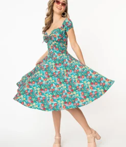 Unique Vintage Swing|Pocket Dresses>Teal & Multicolor Tropical Floral Print Preston Swing Dress
