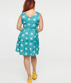 Unique Vintage Everyday Dresses>Teal Rooster Fit & Flare Dress