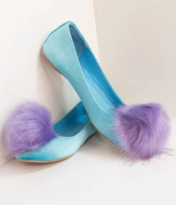 Unique Vintage Flats>Teal Velvet & Purple Pom Pom Ballet Flats