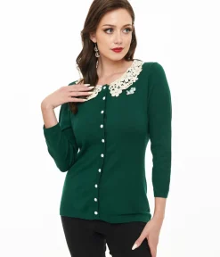 Unique Vintage Sweaters & Cardigans|Work Wear>The Golden Girls x Green & White Lace Sophia Bookworm Cardigan