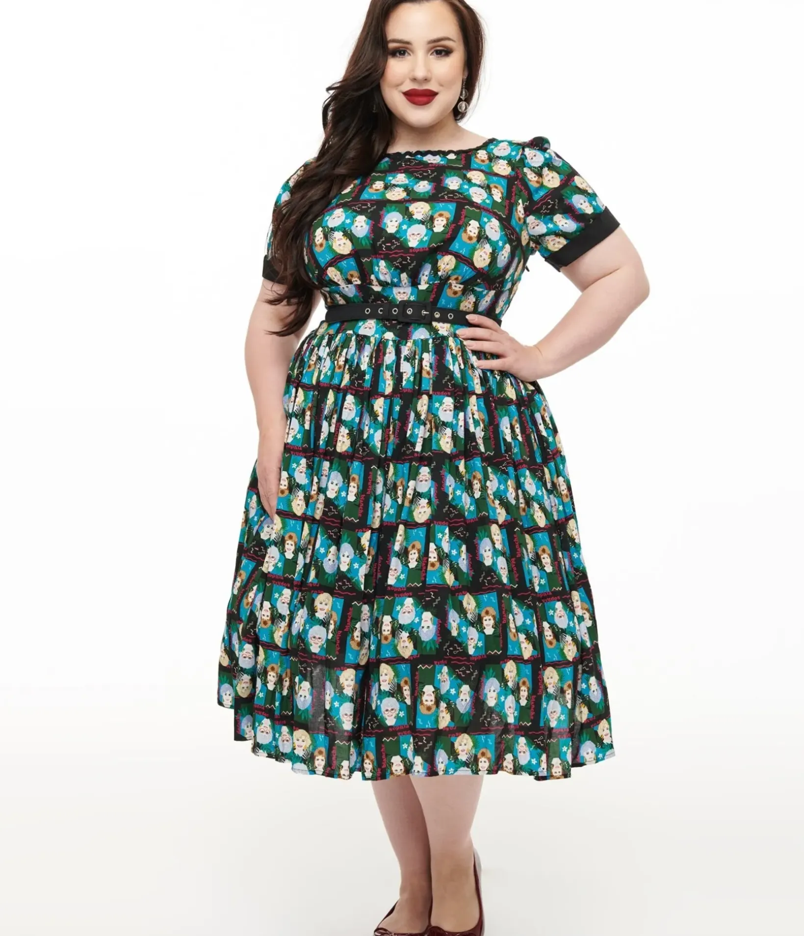 Unique Vintage Swing|Swing>The Golden Girls x Plus Size Black & Blue The Golden Girls Print Swing Dress